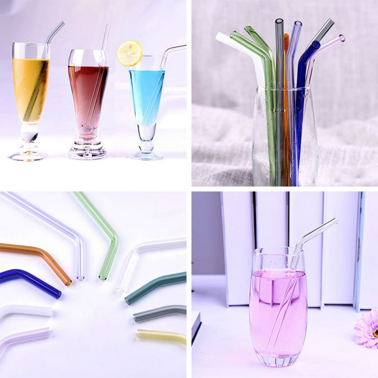  6Pack Reusable Bent Glass Drinking Straws with Piggy