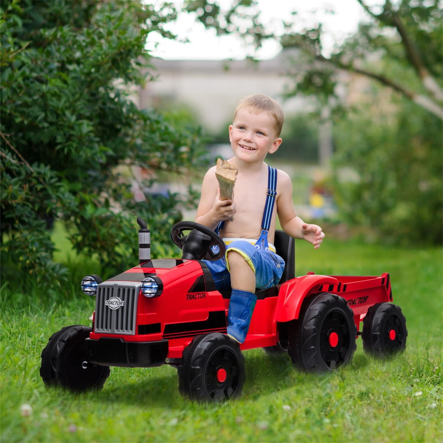 Lowestbest Ride on Toys Tractor with Trailer, 3-Gear-Shift Ground Loader for Kid, Red