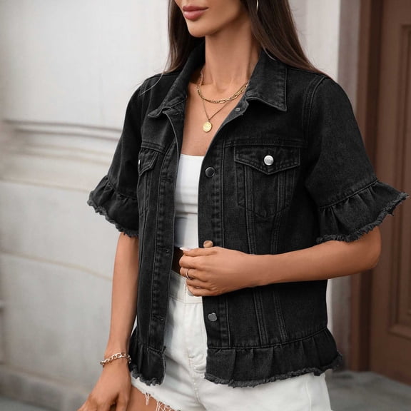 Haivin Women's Short Sleeve Denim Jacket, Solid Color with Pockets and Turn-Down Collar, Cotton Casual Outerwear for Fall Winter and Daily Use