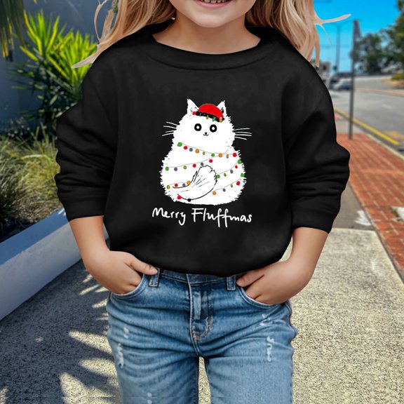 Tfken Christmas Cute Sweatshirts For Girls Black Cat Graphic Fall Winter Pullover Long Sleeve Crewneck Soft Casual Top Xmas Holiday Party Clothes Size,3-10 Years Black