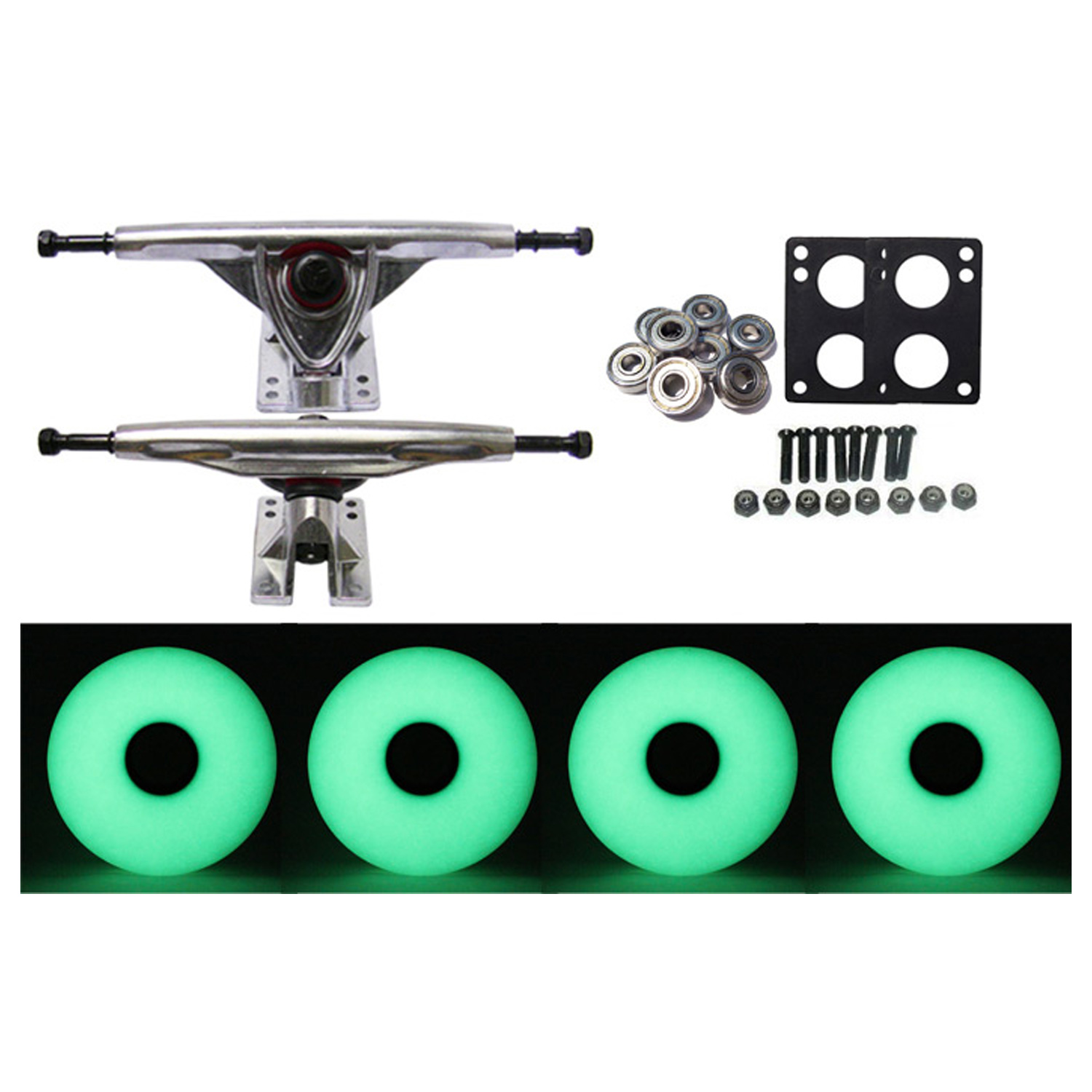 LONGBOARD Skateboard RAW TRUCKS 70mm GLOW IN THE DARK WHEEL Pack