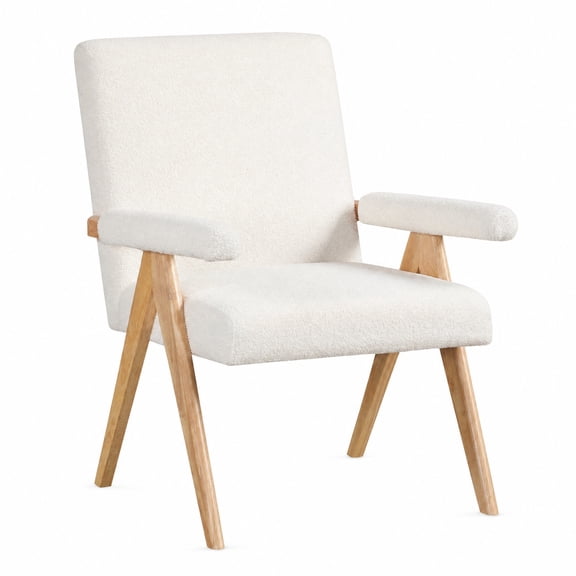 Furnibear Mid Century Modern Accent Chair with Cozy Sherpa Upholstery Padded Armrests and Solid Rubber Wood Frame for Living Room and Bedroom, White