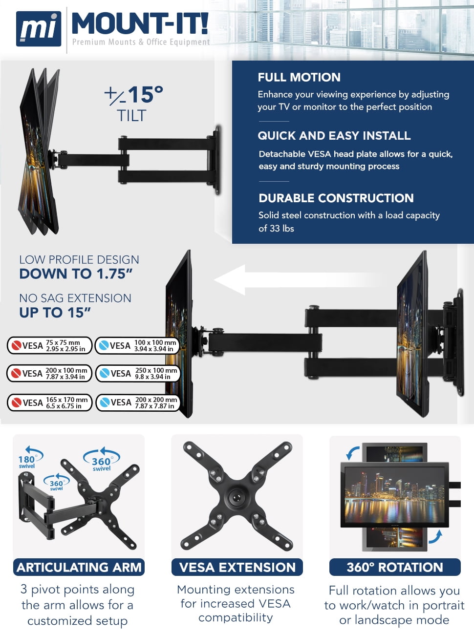 Mount-It! Full-Motion Tv Wall Mount, Long 15" Extension, Fits 17"-47" Tv's, Capacity 33 lbs.