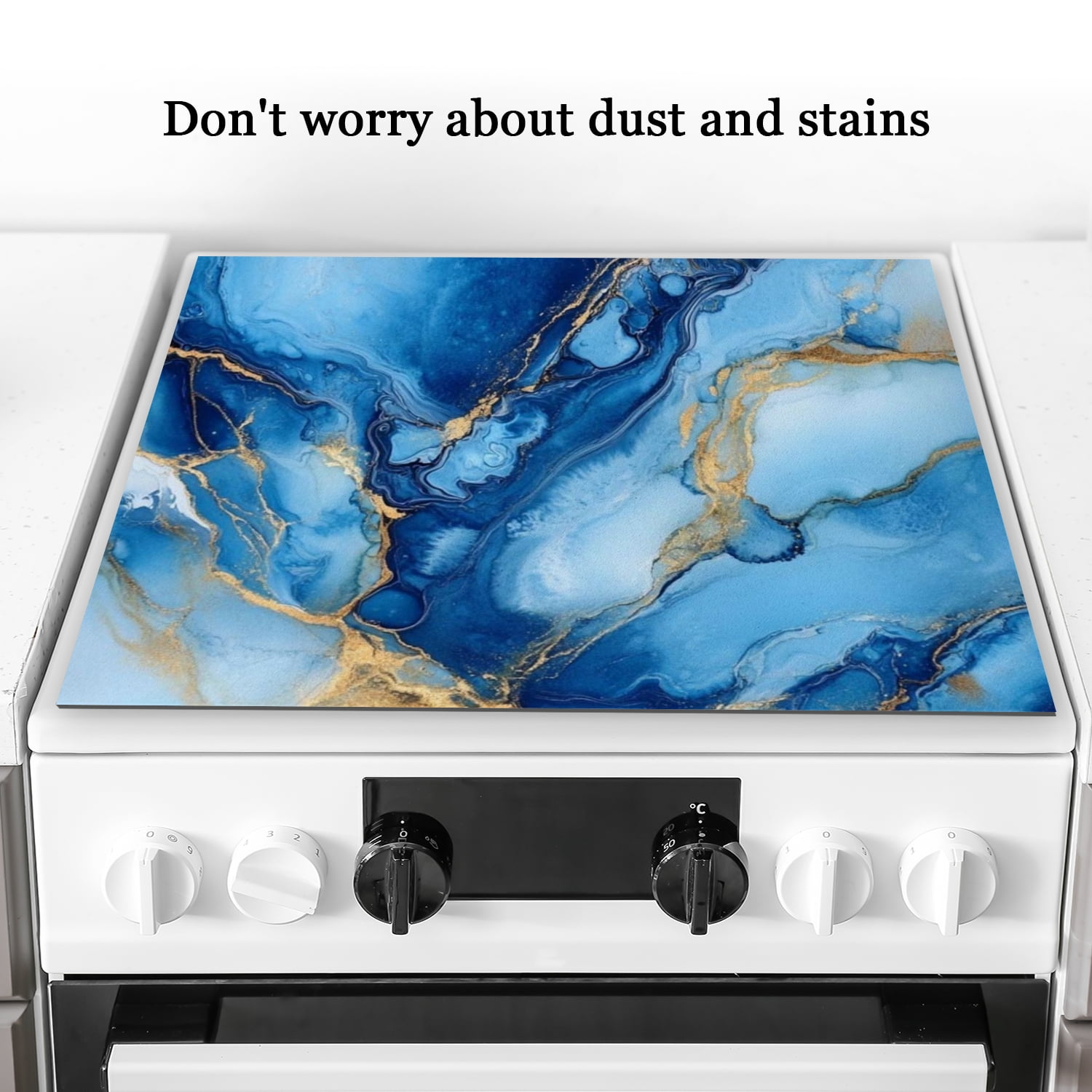 Square Cover for Stove Top Electric Flat Top, Blue Gold Marble Print Glass Stovetop Cover, Decorative Cooktop Mat for Kitchen RV (28×20 Inch)