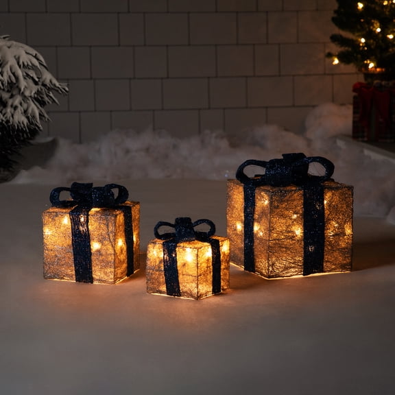 Northlight Lighted Gift Boxes Outdoor Christmas Decorations - 10" - Silver and Blue - Set of 3