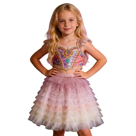 ZHOUCHANKIDS Girls Tiered Ruffle Ballet Skirt Patchwork Dance Party for Kids Girls Skirt Sparkling Tutu Dancing Purple 7-8 Years