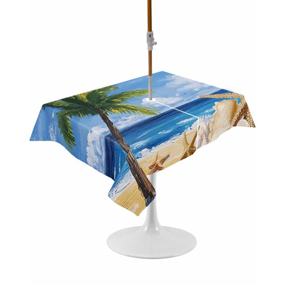 Outdoor Table Cloth with Umbrella Hole and Zipper, Summer Palm Tree Waterproof Rectangle Tablecloth 60"x102", Beach Ocean Coastal Starfish Shells Washable Table Cover for Outside Party Patio Picnic