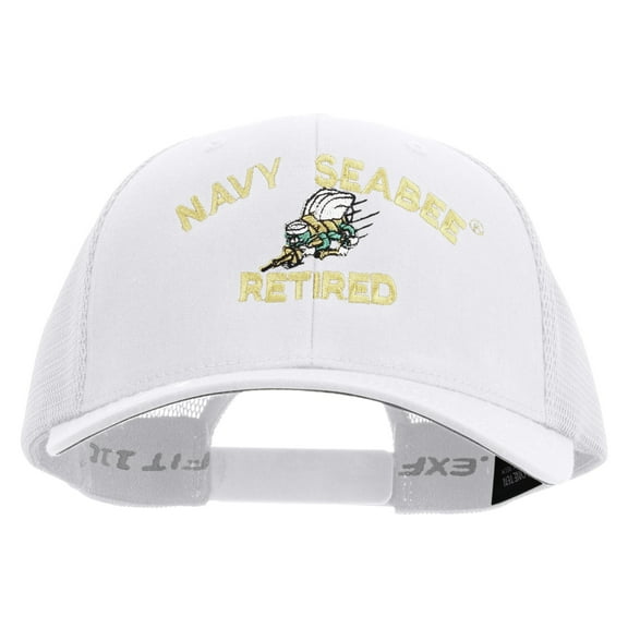 US Navy Seabee Retired Embroidered Flexfit Mesh Trucker Cap - White OSFM