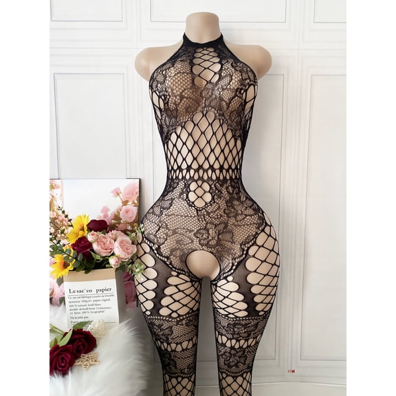 Women's Halter Fishnet Bodystocking, Floral Lace Cutout Crotchless Lingerie, One Size Black