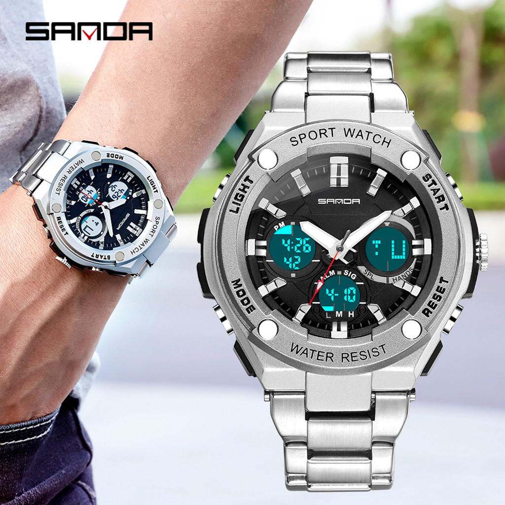 WGOUP Men's Sports Watch Dual Display Analog Digital LED Steel Belt Electronic Watch,Gold