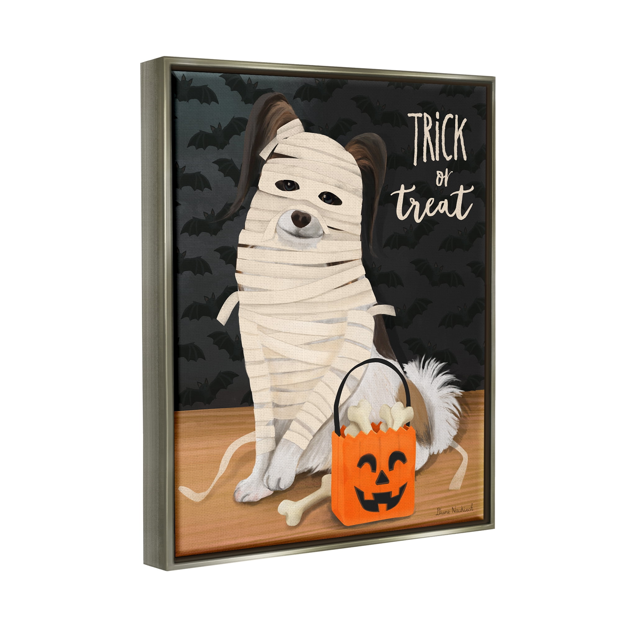 Stupell Industries Dog Wearing Mummy Costume Trick or Treat Halloween Graphic Art Luster Gray Floating Framed Canvas Print Wall Art, Design by Diane Neukirch