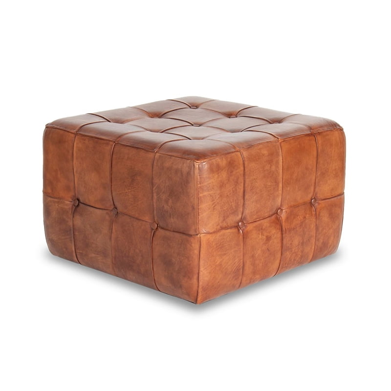 Square Genuine Leather Ottoman In Brown, Brown Leather Ottoman