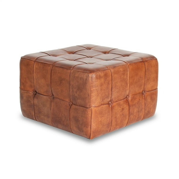 Square Genuine Leather Ottoman In Brown, Leather Ottoman Cube