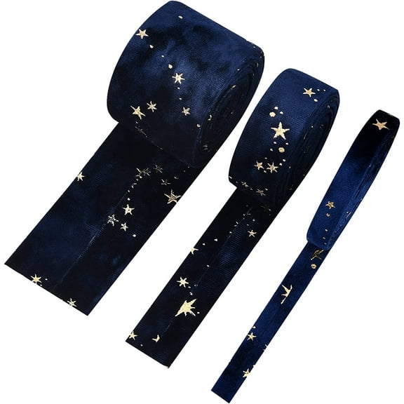 6.6 Yards 3 Sizes Velvet Ribbons with Star Pattern Drak Blue Double Faced Velvet Ribbon