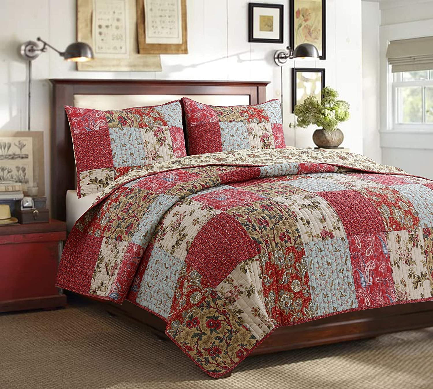 Cozy Line Rosemond Floral Patchwork 100% Cotton 3-Piece Quilt Bedding Set, Queen Set