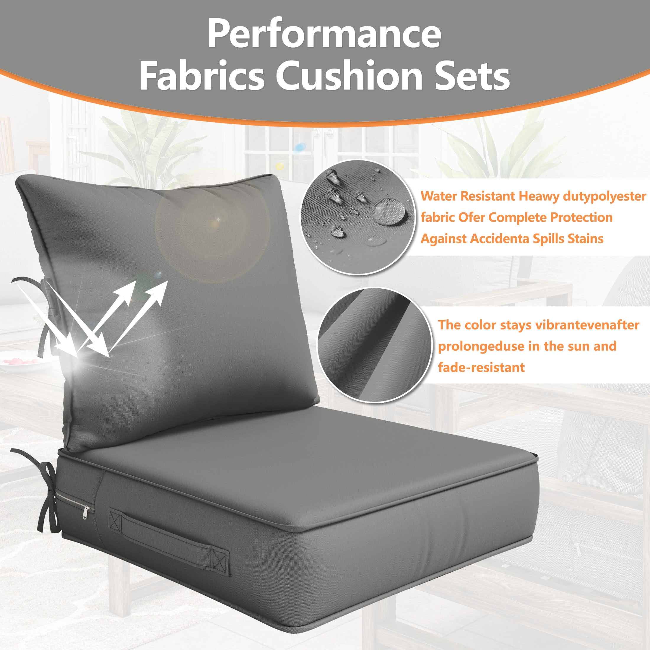 Kimunuk Outdoor Deep Seat Cushion Set for Patio Furniture, Splash-Proof & Fade Resistant, 22" L X 22" W X 4" H, Ligth Gray