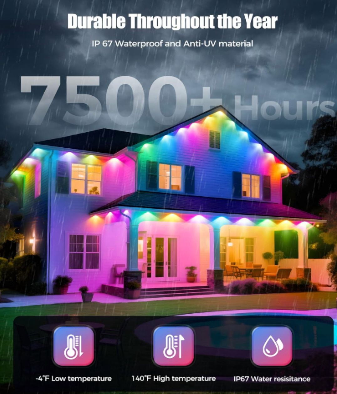 Permanent Outdoor Lights for House, 150ft RGB+IC Smart Outdoor Decor, 50 Scene Modes, App/Remote Control, IP67 Waterproof, for Christmas, Holiday, Daily & Pool Party Decor, House Roof Lighting