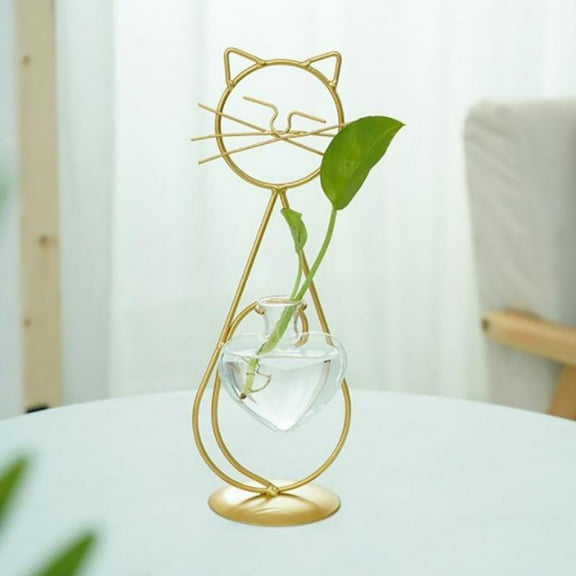 Cat Glass Planter Vase Holder,Plant Terrarium,Propagation Station,Metal Stand for Hydroponics Plants Home Garden Wedding Decoration Outdoor Planter Ideas Modern Creative