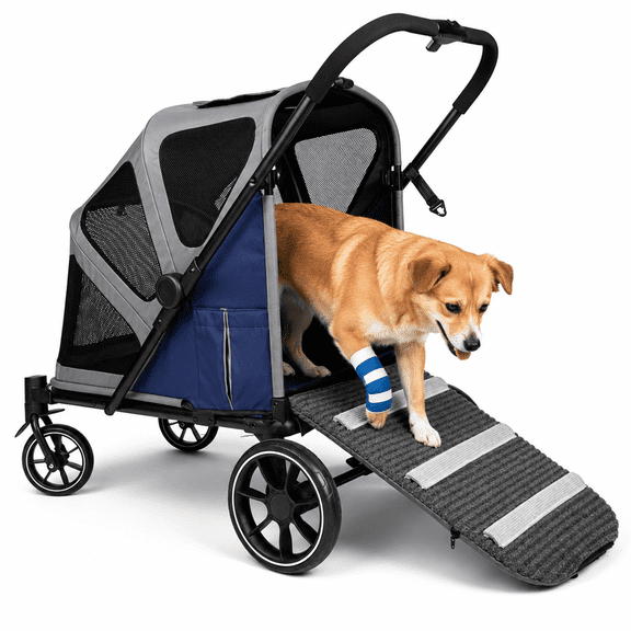 Dog Stroller for Medium Dogs, Foldable Pet Stroller with Ramp, Dark Gray, All terrain EVA wheels, full canopy, breathable mesh, washable pad,storage pockets, load up to 100lbs