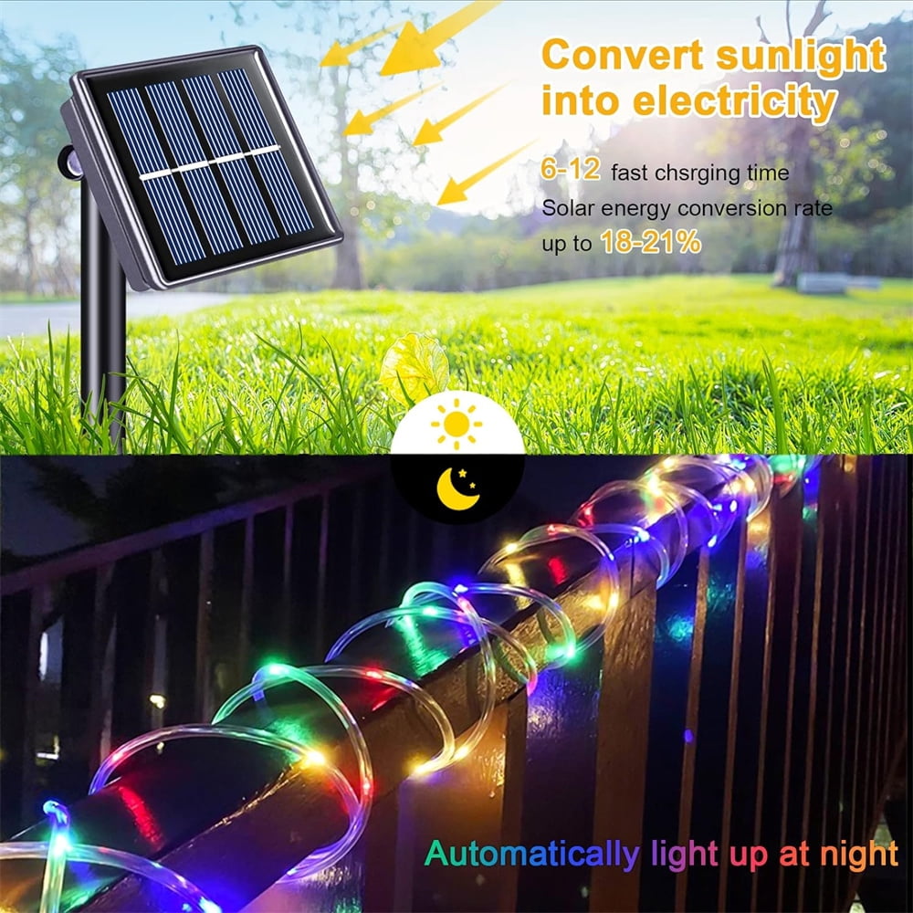 NOGIS Solar Rope Lights, 72 feet 200 LED 8 Modes Solar Rope String Lights Outdoor Fairy Lights Rope Waterproof Tube Lights with Solar Panel for Home Decoration Garden Parties (Multicolor）