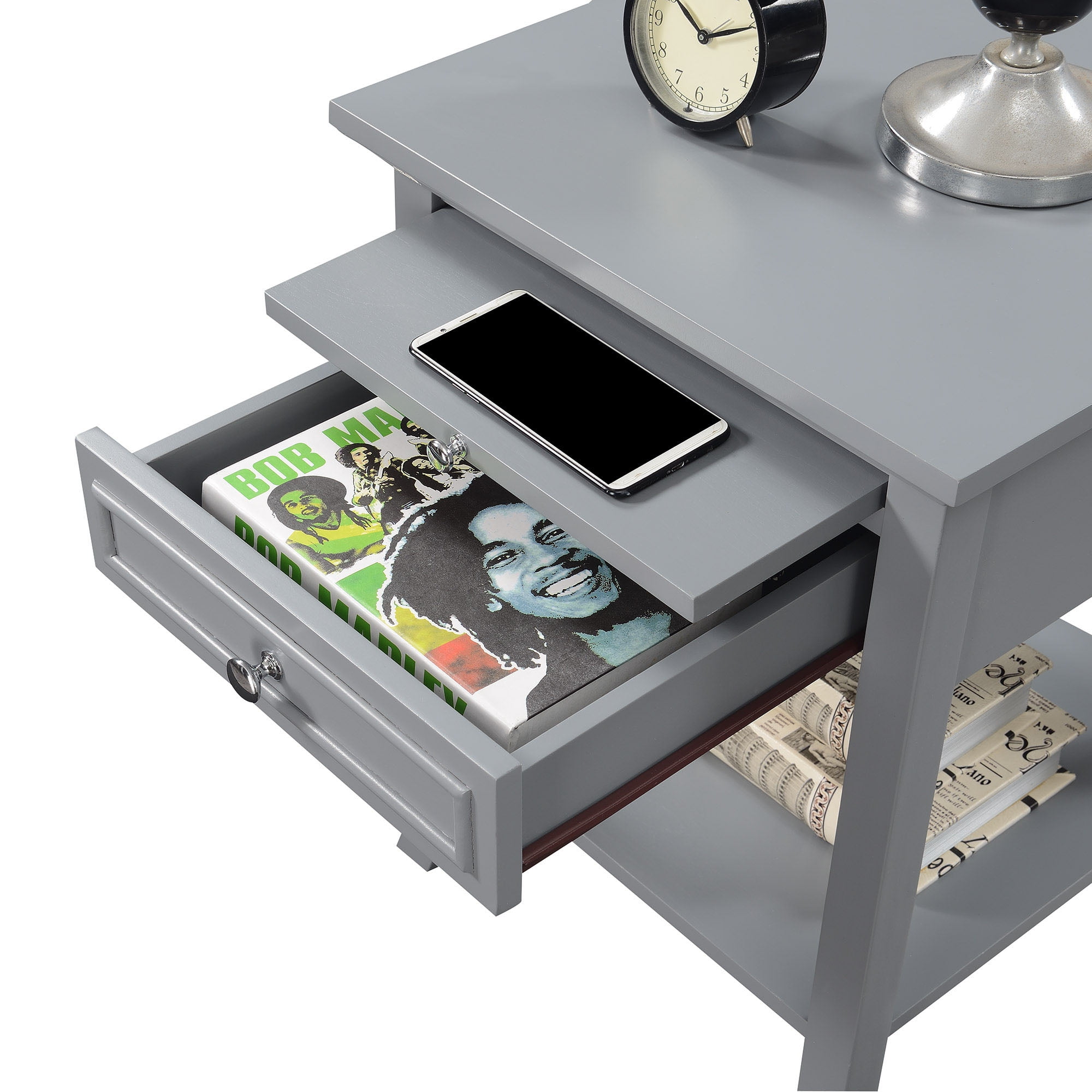 Convenience Concepts American Heritage Logan 1 Drawer End Table with Pull-Out Shelf, Gray