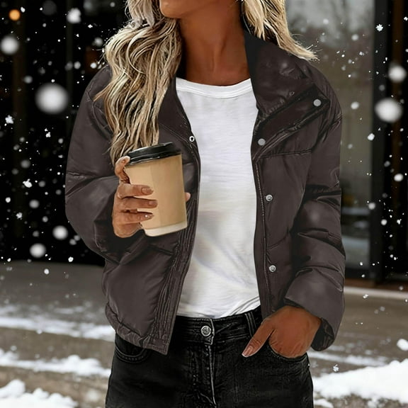 BXJX Women's Puffer Jackets- Stand Collar Comfy Zip Up Warm Long Sleeve Quilted Jacket with Pockets Coffee Size L
