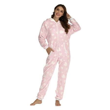 

Women Flannel Jumpsuit Pajama Soft Warm Heart Hooded Sleepwear