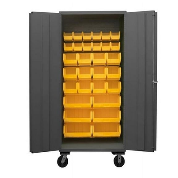 Durham 2501M-BLP-30-95 36 in. 16 Gauge Flush Door Style Lockable Mobile Storage Cabinet with 30 Yellow Hook on Bins, Gray
