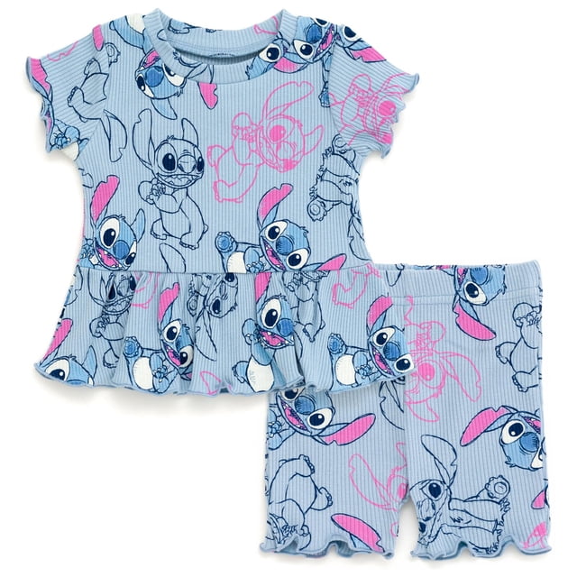 Conjunto de camiseta peplum y pantalones cortos para bicicleta de Lilo & Stitch de Disney para niñas pequeñas, azul 6