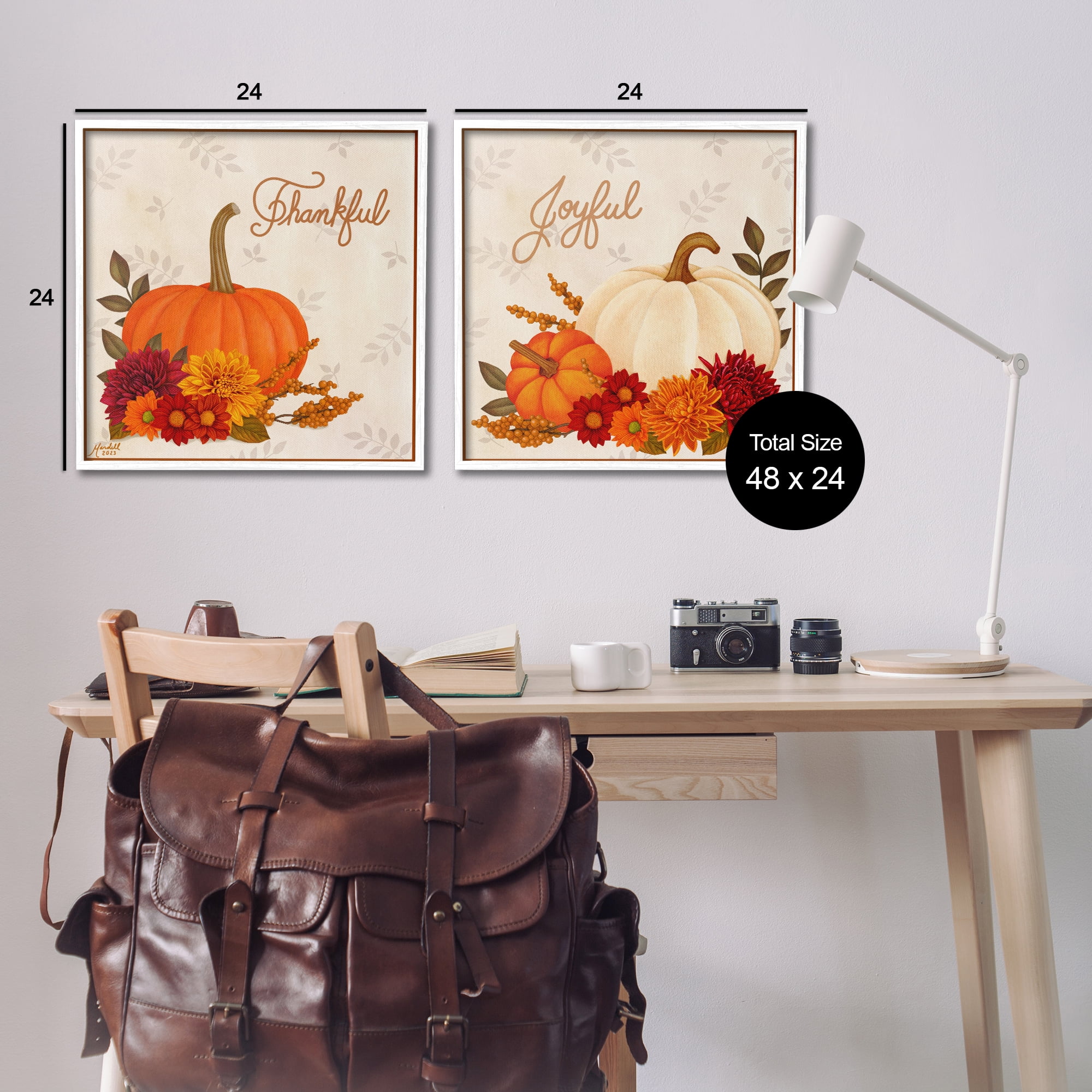 Stupell Industries Joyful Thankful Sentiment Pumpkin Holiday Painting White Framed Art Prints Wall Art, 24 x 24, Set of 2
