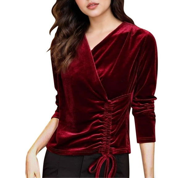 ShiShine Womens Long Sleeve Velvet Blouses Collared Cross Wrap V Neck Ruched Trendy Casual Tops