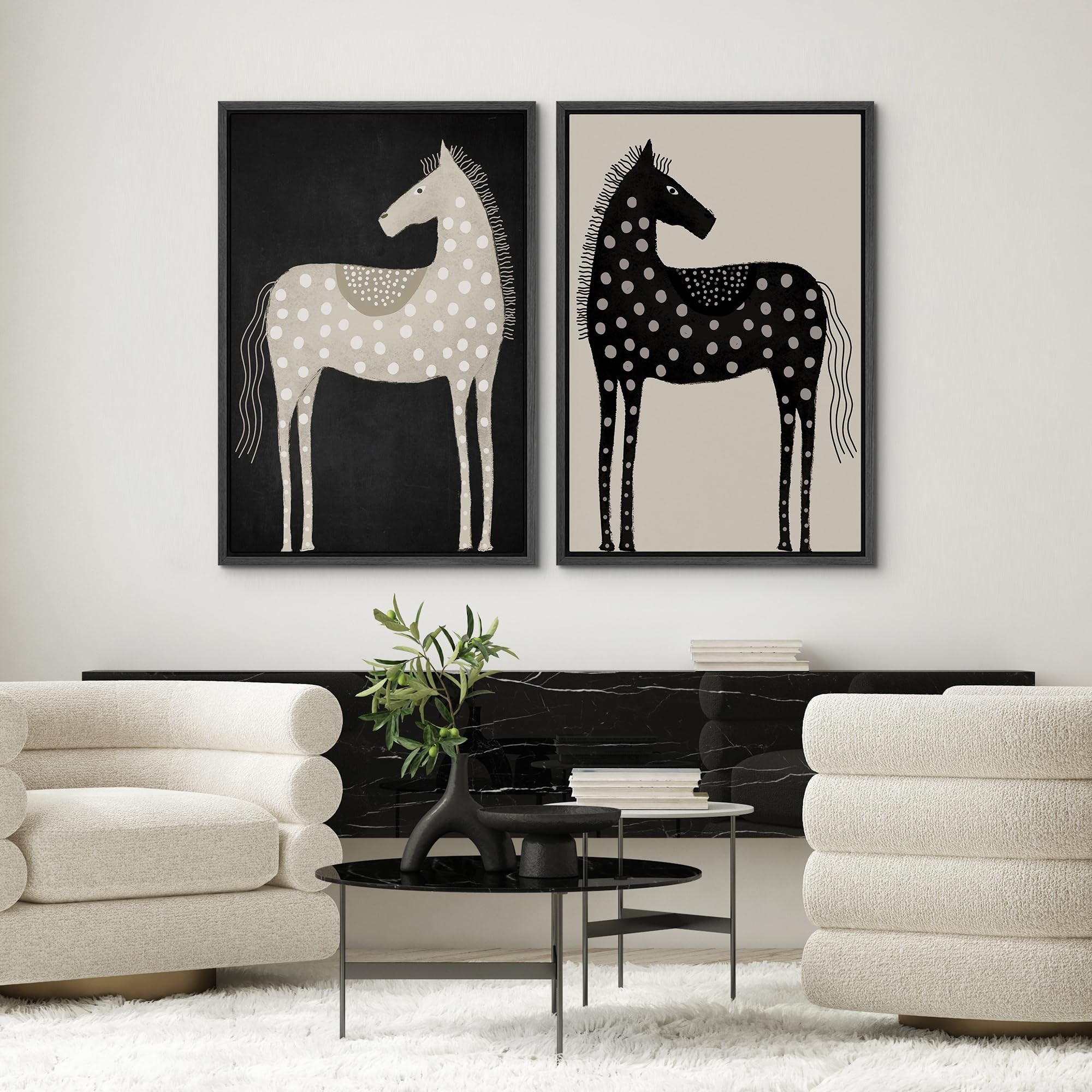 IDEA4WALL 2pcs Framed Canvas Art Wall Decor Polka Dot Horse Black and White Modern Art Abstract Animal Illustrations Decorative Bohemian Prints for Dorm Home Office - 24"x36" Black