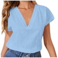 thumbnail image 1 of WEAIXIMIUNG Chemises pour Femmes T-Shirts Graphiques Packs Blouse d'Été Unie en Lin Manches Mi-Longues Col en V, 1 of 5