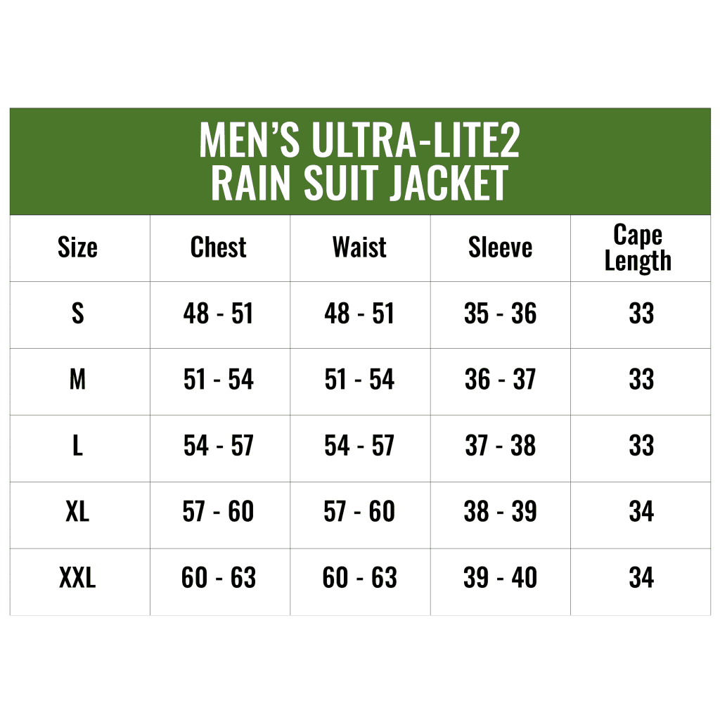 Frogg Toggs Rain Suit Size Chart