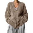 thumbnail image 2 of Fuzzy Cardigan Sweaters for Women V Neck Button Down Soft Knit Sweater Long Sleeve Cardigan Sweater Coat Khaki M, 2 of 9