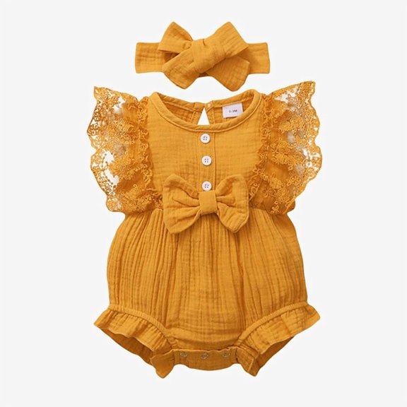 Ticikt Baby Girls' Lace Ruffle Romper Set, 2-Piece Cotton Gauze Onesie with Bow Headband,Yellow