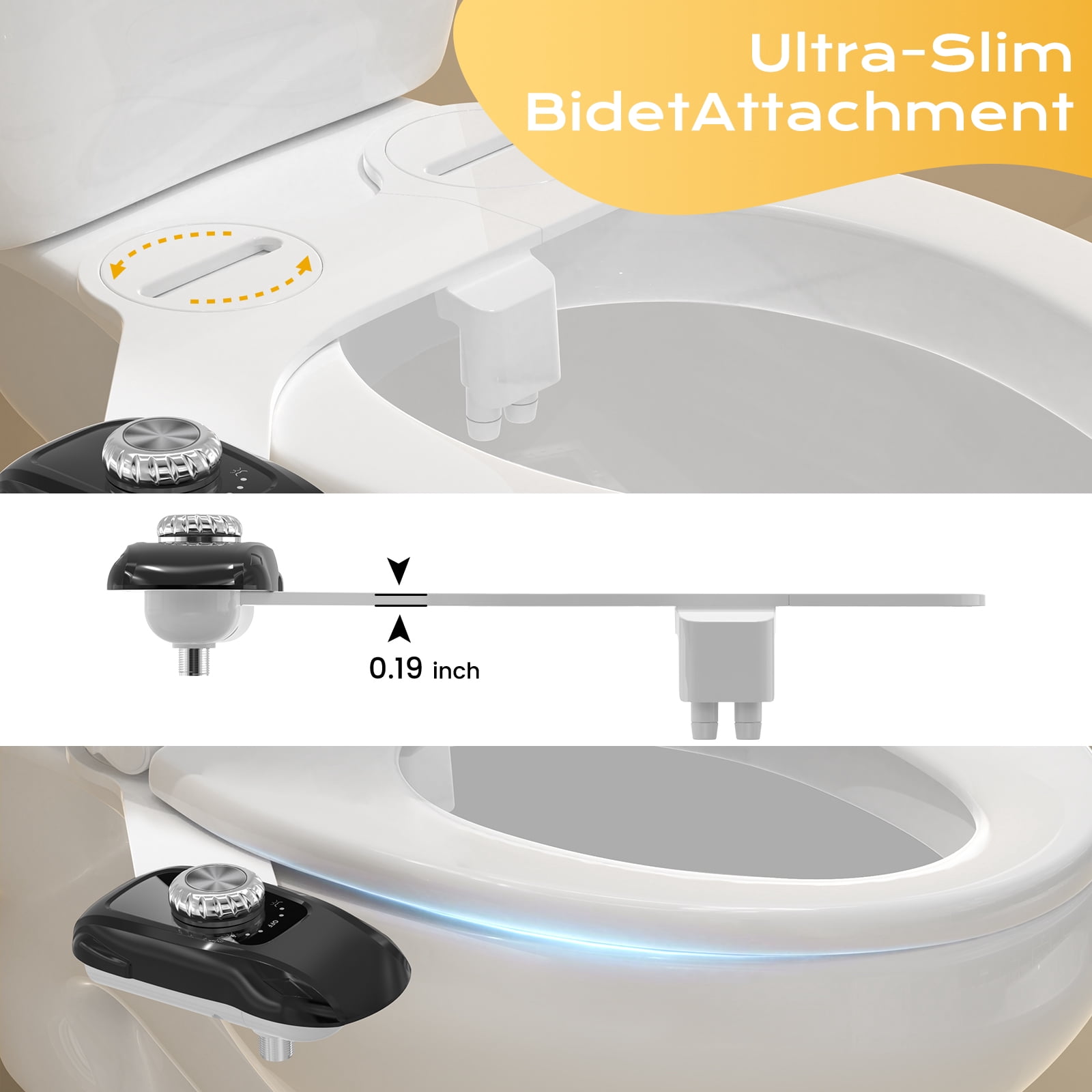 Couradric Bidet Attachment: Dual Nozzle , Hidden Nozzle, Adjustable Water Pressure- Black