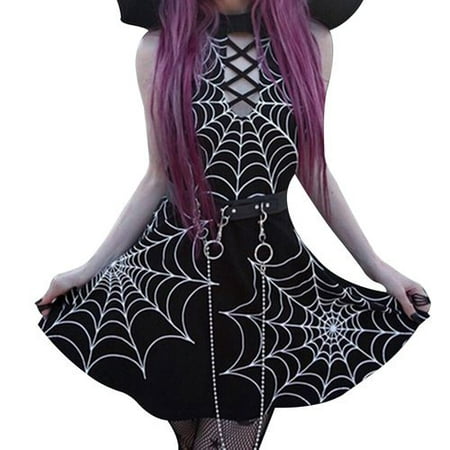 Fancyleo Women Gothic Punk Sexy Halloween Party Cool Dress Spider Web Print Dress Halter Sleeveless Dress( Not Include Belt )