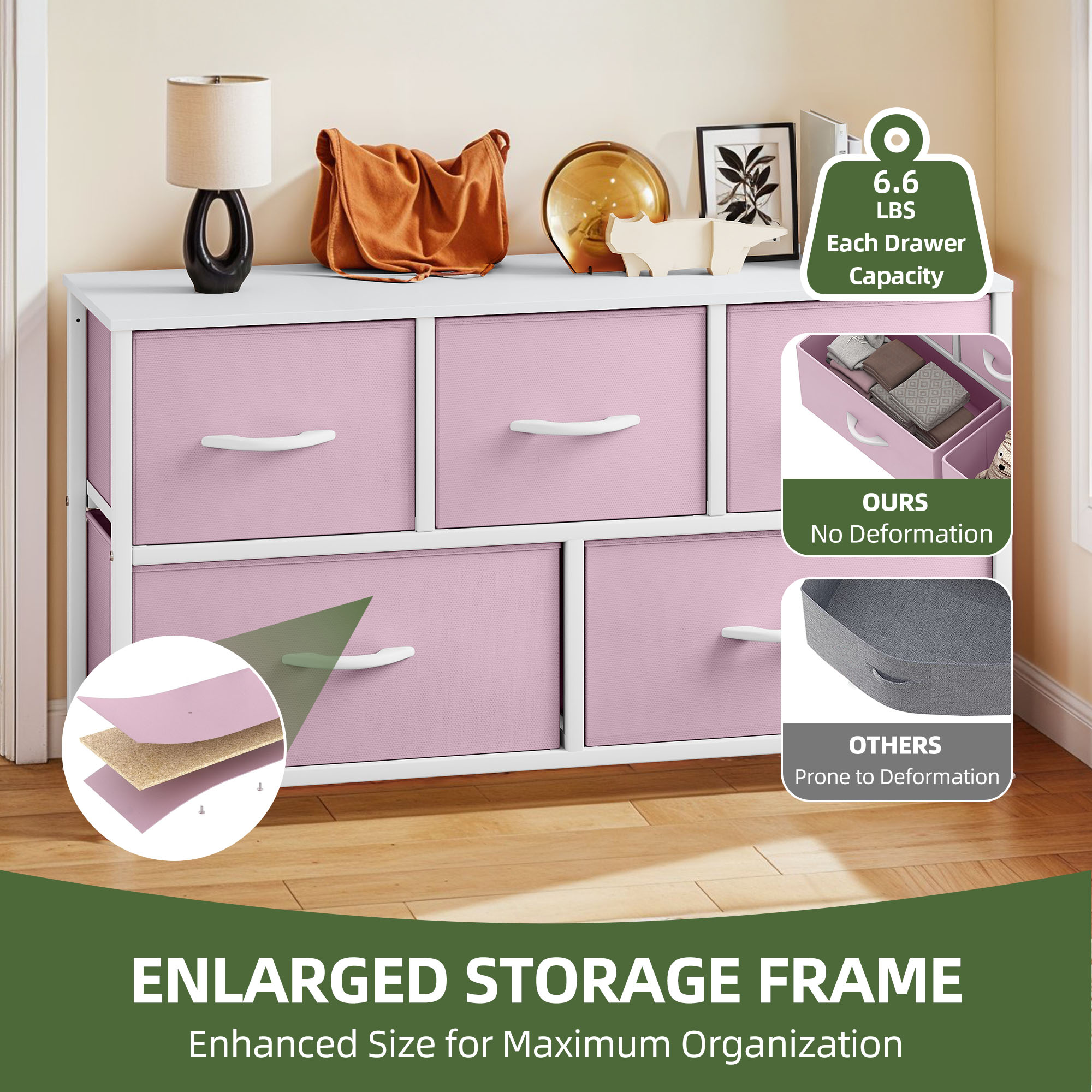 Uforic Wide Fabric Dresser with 5 Drawers,Storage Organizer with White Plastic Handles,Steel Frame,and Wooden Top for s, Living Rooms