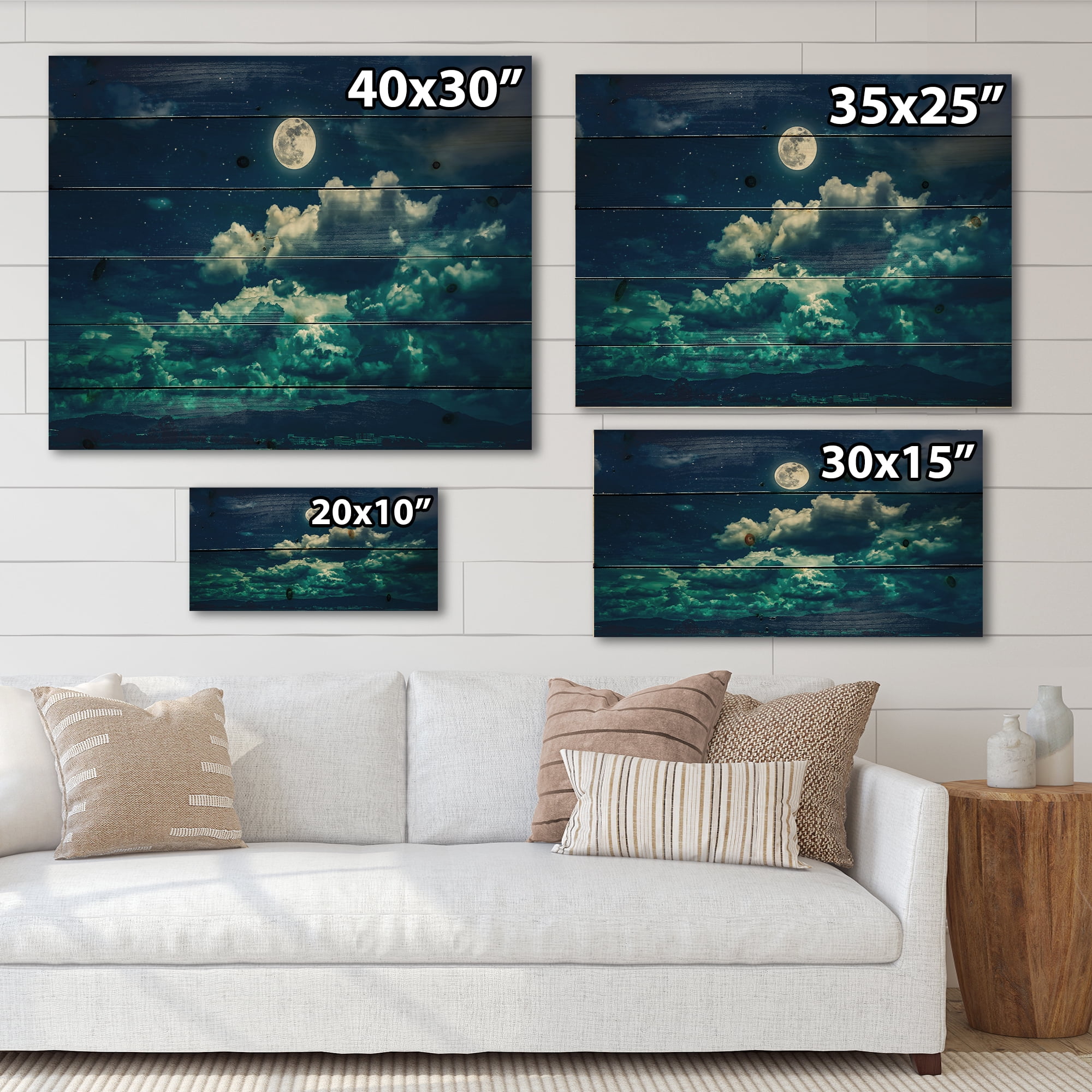 Designart 'Full Moon Night in Cloudy Sky II' Nautical & Coastal Print on Natural Pine Wood