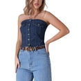 thumbnail image 4 of INSPIRE CHIC Women's Denim Corset Top Button Front Raw Hem Smocked Back Tube Tops, 4 of 5