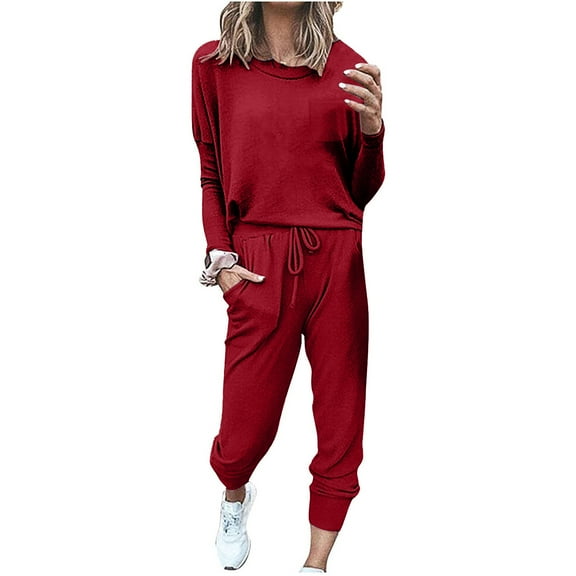 Lenpel Women's 2 Piece Lounge Outfits Fall Fashion Long Sleeve Crew Neck Tops Drawstring Pants Loose Casual Sweatsuits
