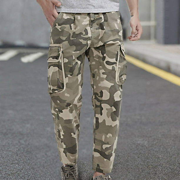 pants for men trendy fall Men's Midwaist Zip Cargo Pants Relaxed Fit Camouflage Cargo Trousers