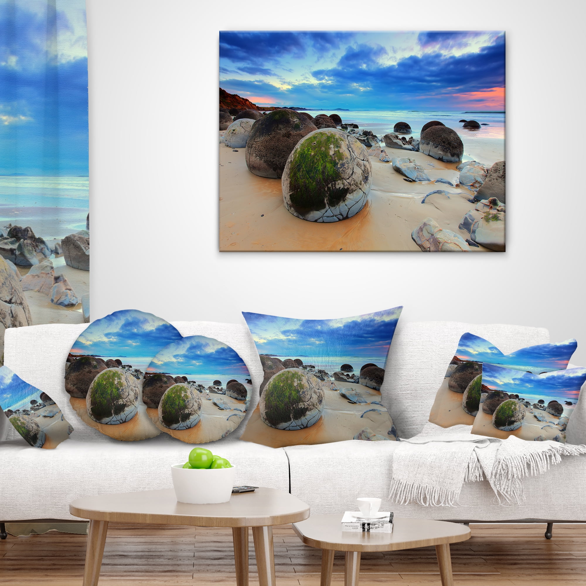 Designart Cloudy Sunrise Over Moeraki Boulders - Seashore Photo Throw Pillow - 12x20