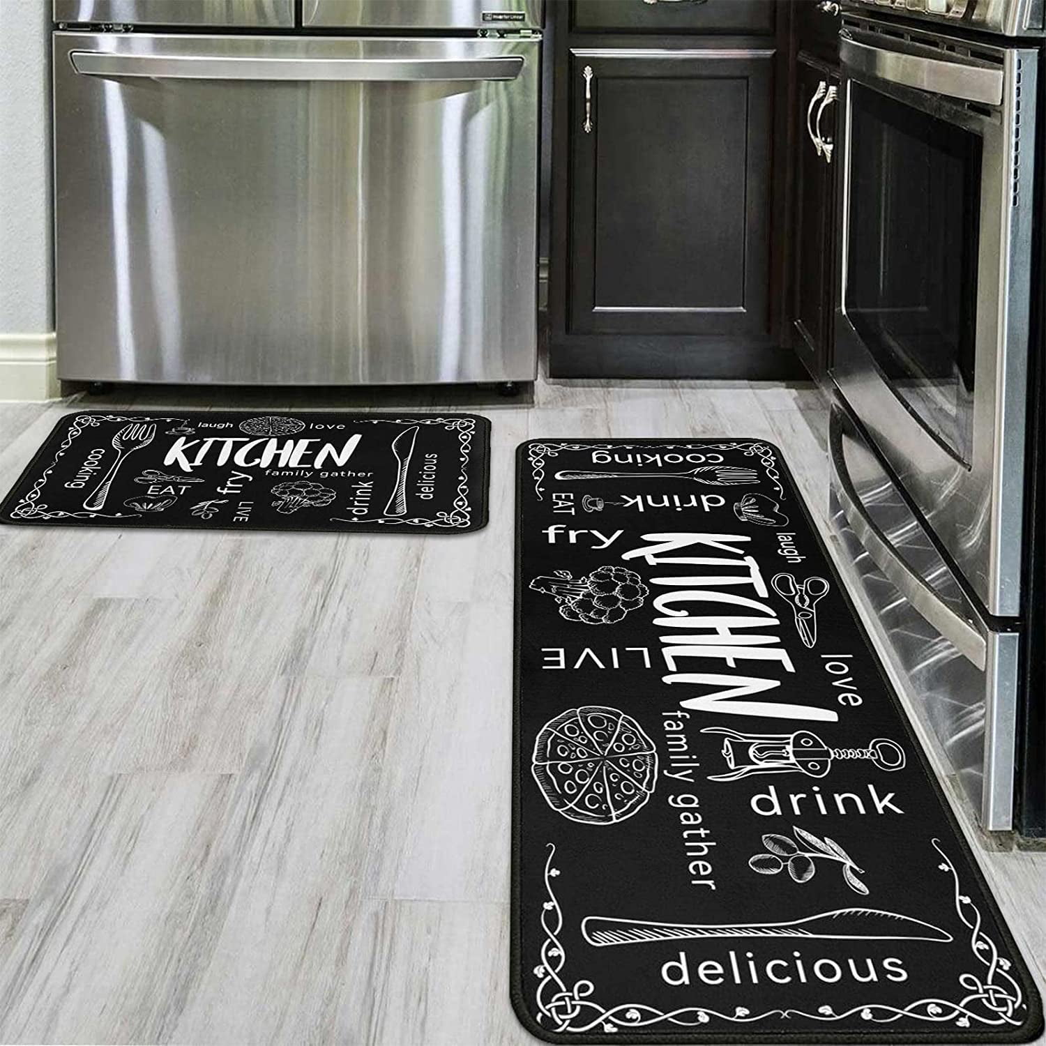 2Pcs Black Kitchen Rugs and Mats Nonslip Washable Kitchen Mats Set for ...