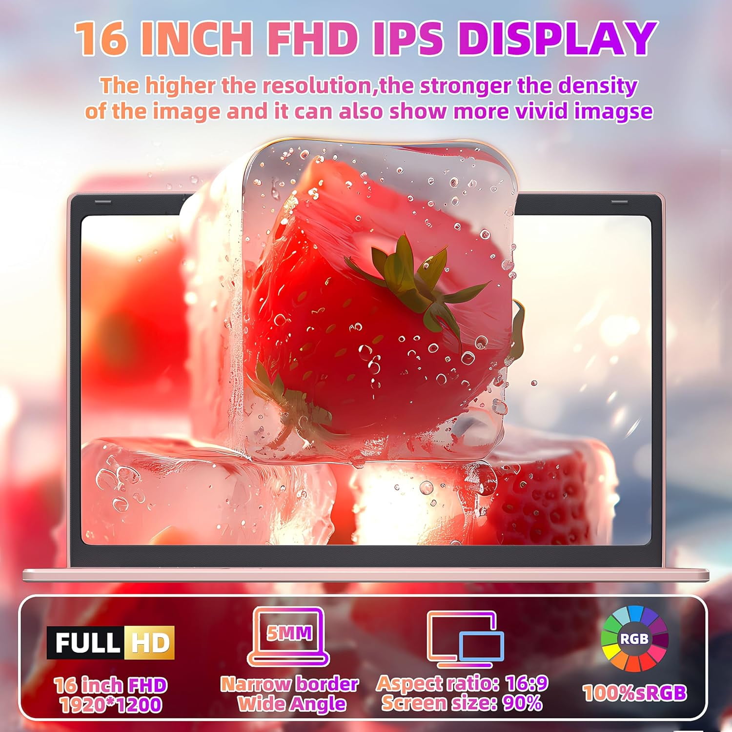 Rumtuk 16" Rose Gold Laptop, DDR4 16GB RAM, 1TB SSD, Win 11 Pro/Office 2019, Celeron N5105 CPU, FHD IPS Display, Backlit KB, Fingerprint, USB 3.0, HDMI, WiFi/BT, PC Notebook for Work, Study