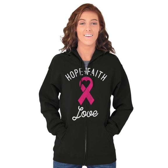 Hope Faith love Breast Cancer Ribbon Womens Plus Size Graphic Zipper Hoodie Brisco Brands 2X