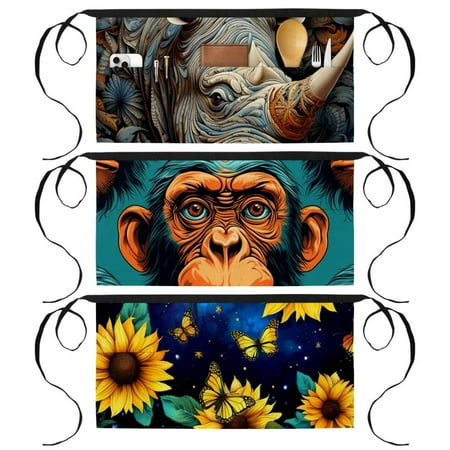 

3 Packs Waist Apron With 3 Pockets Monkey Durable Server Aprons Restaurant Waitress Waiter Half Short Aprons Chef Aprons 23.6 x12