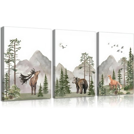 Woodland Nursery Wall Art Wild Animals Forest Wall Decor Prints Adventure Theme Canvas Posters Deer Bear Fox Watercolor Pictures Paintings for Boys Room Girls Room 3Pcs 12x16in Framed