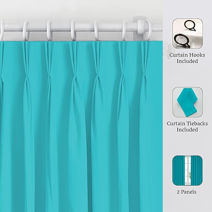 Homi Drapes Triple Pinch Pleated Blackout Curtains Thermal Insulated Room Darkening Drapes for Bedroom/Livingroom Along with 2 Panels,Tiebacks,Hooks (Aquamarine Blue, 40"x120")